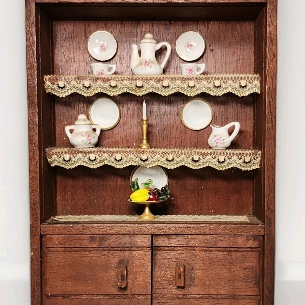 Vintage 1:12 Dollhouse Miniature Wood China Cabinet Hutch w/ Porcelain Metal Set